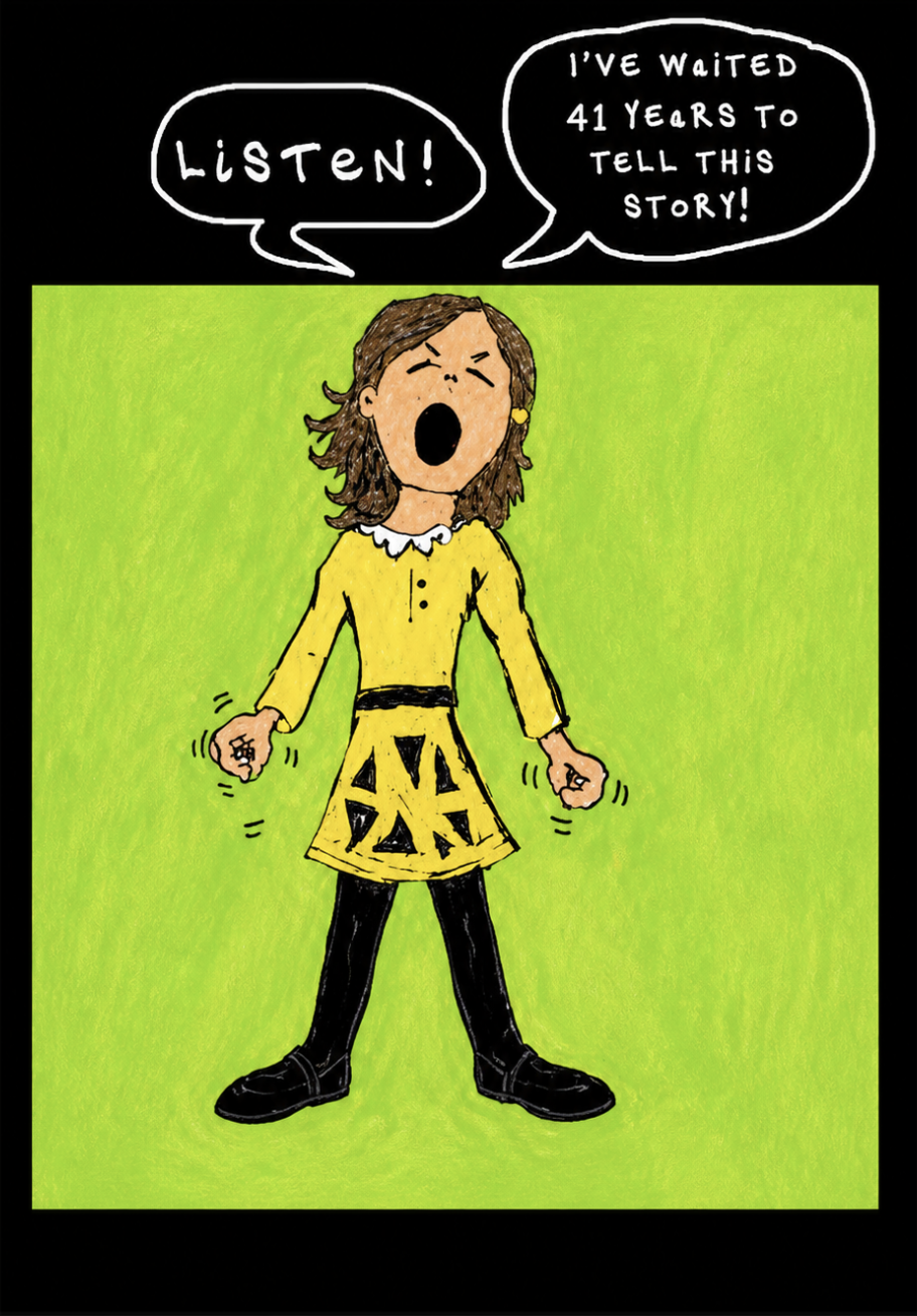 Illustrated I, Sparrow page with a girl saying she has waited 41 years to tell this story