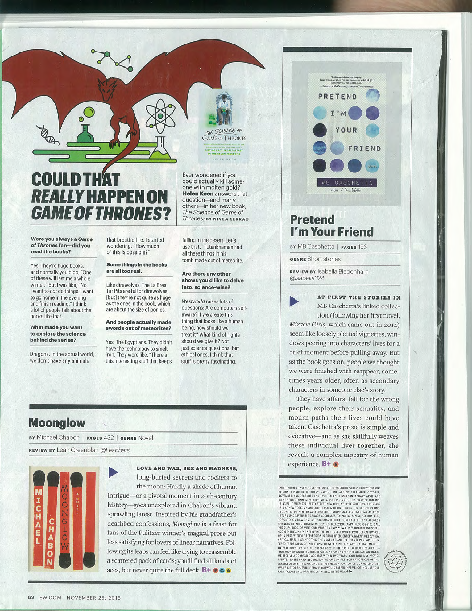 Complete Entertainment Weekly review page showing Pretend I’m Your Friend beside Michael Chabon’s Moonglow